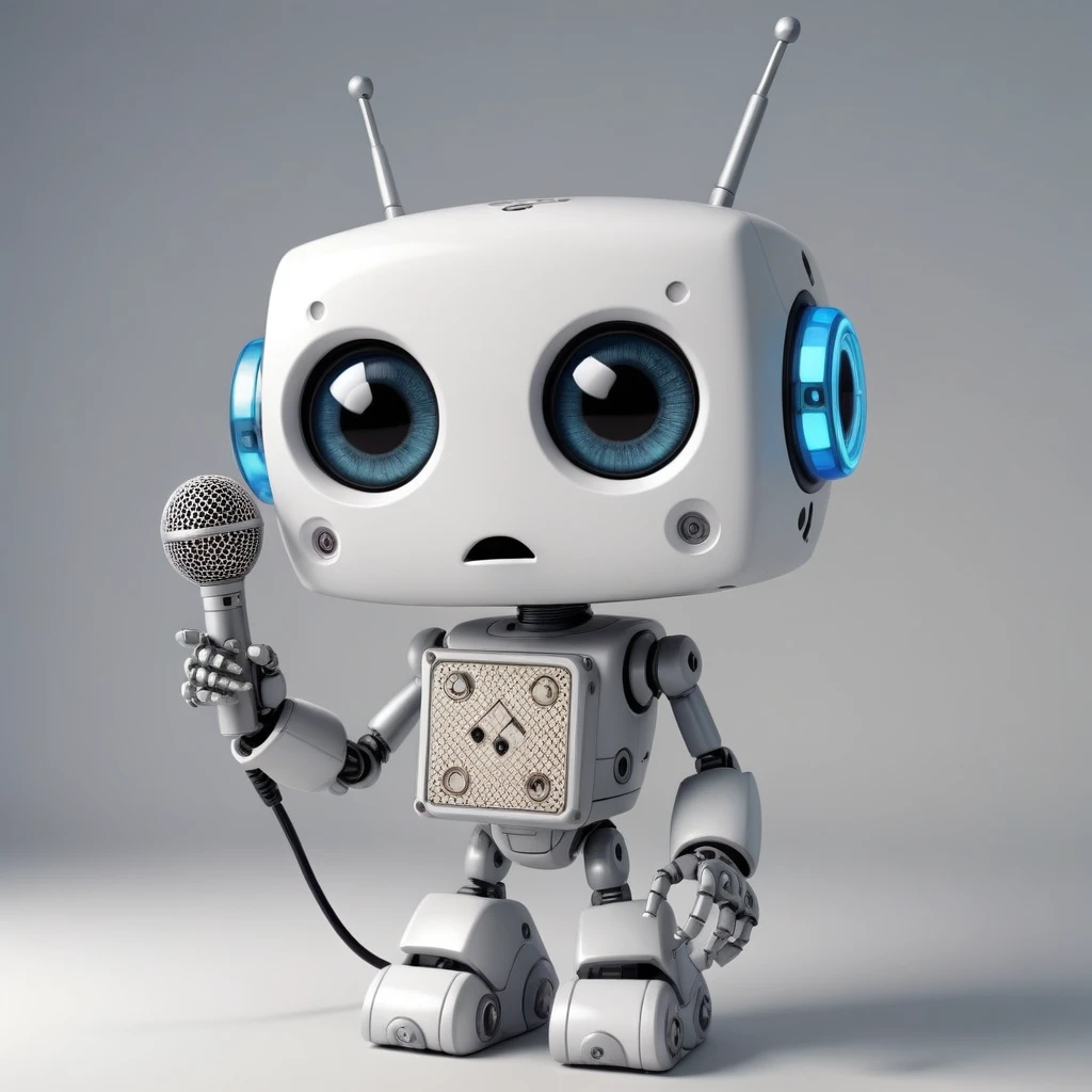 「Lost in the digital world」、A cartoon-style robot with a dice motif,Big eyes,antenna,Blank electronic display panel on chest、Holding the microphone close to his mouth while speaking