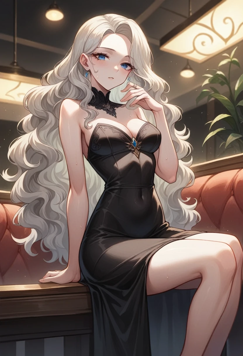 Illustration, detailed illustration, ultra detailed, dynamic angle, 19 year old girl, beautiful, platinum blonde, long hair, wavy hair, cold blue eyes, pale skin, emotionless, disdainful, fancy restaurant, black formal dress, sitting, showing viewer engagement ring, looking down at viewer