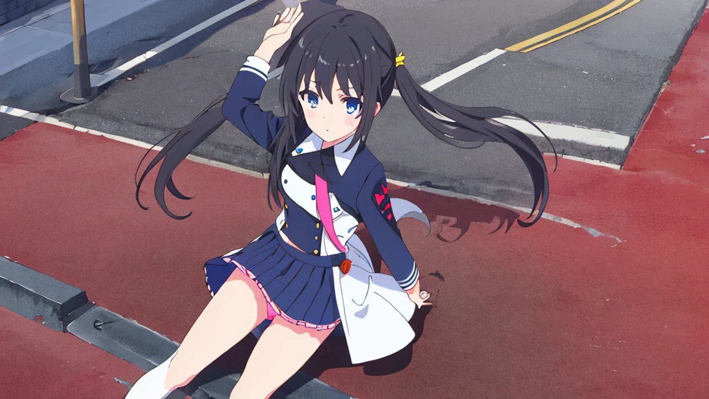 beautiful beautiful girl black uniform with miniskirt white stockings with black hair blue blue eyes on the japanese street akihabara swastika pink panties high quality details