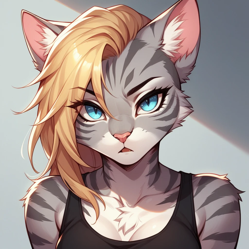 score_9,score_8_up,score_7_up, score_6_up, score_5_up, source_anime, flat colors, no shading, Kat, Anthro furry feline, silver fur, grey stripes on body, blue eyes, long blonde hair, undercut hair, pink nose, :3, wearing black tank top, exaggerated expression, upper body shot, mouth open, talking, eyes half open, jitome, expressionless, looking at viewer, cowboy shot, upper body shot, bored, 