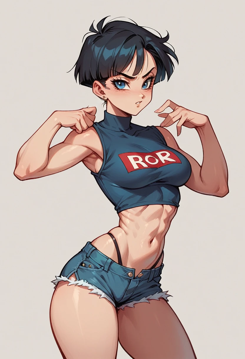 Make a dragon ball video, short hair, medium and round breasts, thin waist, medium ass, fitted blouse, fitted shorts, rebranded thong,