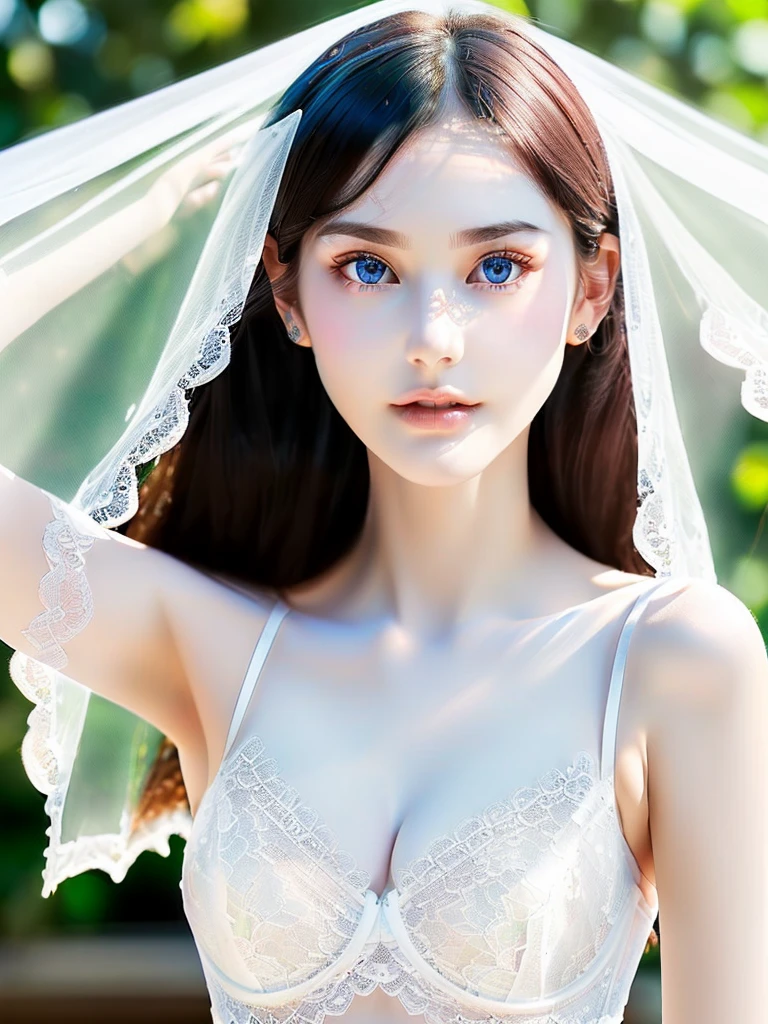 Tabletop, Highest quality, figure, Very detailed, In detail, Thin and slender body type、High resolution, 8k wallpaper, Perfect dynamic composition, Beautiful, detailed, large, beautiful blue eyes, (Natural, lustrous, pure white skin:1.8)、(Too beautiful, too pretty, too cute, such a small face:1.8)、(9Life-size slim face:1.8)、(Extremely high exposure and an unstoppable exhibitionism habit:1.8)、(Pure white, very thin lace, sheer, super compact and very small strapless bra:1.8)、(Beautiful, large, firm breasts that don't sag:1.8)、(Her small pale pink areola and prominent erect nipples are clearly visible:1.8)、(Naked Deep Cleavage:1.8)、(Thin bare waist:1.8)、(Plain navy denim micro mini skirt:1.8)、(Her naked legs are so thin and so long.:1.8)、(She goes to a bright place and poses in a sexy way, sticking out her chest to boldly show off her see-through bust.:1.8)、(A sexy pose with her slender arms folded behind her back to maximize her bust.:1.8)、(Her big breasts, pink areola and erect nipples are visible as if she were completely naked.:1.8)、Natural color lip,Beach, Random and cute poses, (Super long, shiny, super straight, pure gold hair that reaches down to the waist:1.8)、(Long, straight bangs:1.8)、(Layered hairstyle for long straight hair:1.8)、(A bright and refreshing smile:1.8)、(One girl:4)、(Absolutely one woman:4)