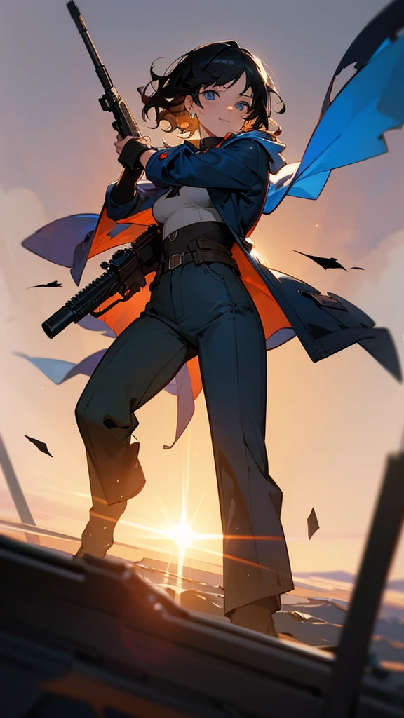 Alone, high resolution, looking at the viewer, SMILE, short hair, blue eyes, Hooded coat, anatomically correct, high resolution, short hair, black hair, wavy hair, much hair, breasts, earrings, earrings de media luna, light blush, serious expression, simple background, depth of field, rays of god, chiaroscuro, illustration, cheered up, animated style, apocalypse, drop shadow, game system screen, foreshortening, Lens flare, backlighting, silhouette, chromatic aberration, pants, apocalyptic background, fighting pose, holding a gun, debris around him floating