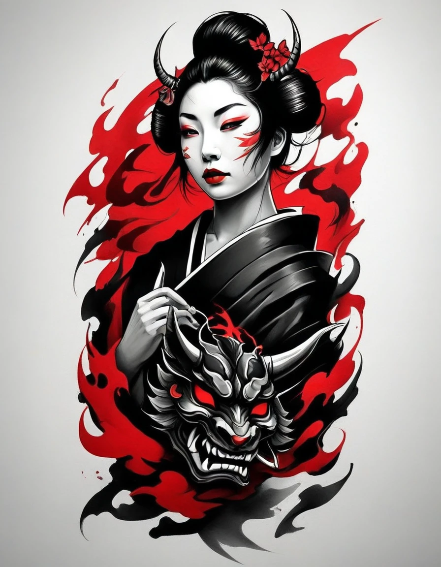 ((Solo geisha Wearing a demon Red hannya mask))creative logo black and white vector portrait profile of a geisha with red and green tattoes on her shoulder and arms, sword, autumn leaves, the contrast between the black and white and the colors is crispy featuring the word (HONOR), digital art work by dan mumford, carne griffith, sketch, high definition, negative space, vivid colors, tshirts design, (Unity 16K Wallpaper, masterpiece, Best Quality, high quality, Ultra-detailed, extremely details), ((Solo geisha Wearing a demon Red hannya mask))creative logo black and white vector portrait profile of a geisha with red and green tattoes on her shoulder and arms, sword, autumn leaves, the contrast between the black and white and the colors is crispy featuring the word (HONOR), digital art work by dan mumford, carne griffith, sketch, high definition, negative space, vivid colors, tshirts design,