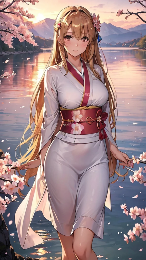 asuna, masterpiece, best quality, detailed, (1 girl), alone, detailed golden eyes, long hair, permanent, Be close to the audience, (detailed kimono), A faint smile, Medium breasts, (Put your arms behind your back), water, Sunset, (hair accessories), (cherry blossoms in bloom), Snowy mountains and lake in the background,Large Breasts,Smile