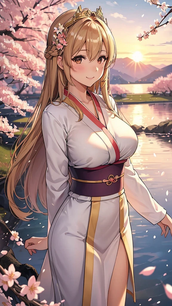 asuna, masterpiece, best quality, detailed, (1 girl), alone, detailed golden eyes, long hair, permanent, Be close to the audience, (detailed kimono), A faint smile, Medium breasts,  (Put your arms behind your back), water, Sunset, (hair accessories), (cherry blossoms in bloom),  Snowy mountains and lake in the background，Large Breasts，Smile