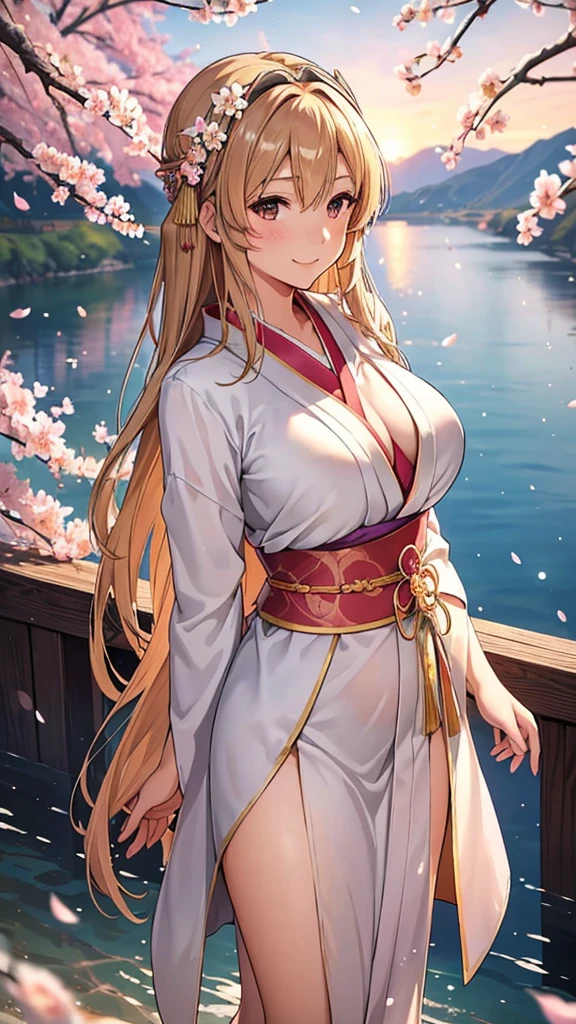 asuna, masterpiece, best quality, detailed, (1 girl), alone, detailed golden eyes, long hair, permanent, Be close to the audience, (detailed kimono), A faint smile, Medium breasts, (Put your arms behind your back), water, Sunset, (hair accessories), (cherry blossoms in bloom), Snowy mountains and lake in the background,Large Breasts,Smile