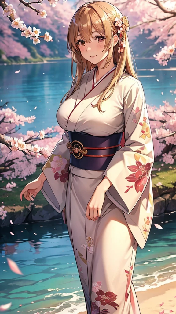 asuna, masterpiece, best quality, detailed, (1 girl), alone, detailed golden eyes, long hair, permanent, Be close to the audience, (detailed kimono), A faint smile, Medium breasts,  (Put your arms behind your back), water, Sunset, (hair accessories), (cherry blossoms in bloom),  Snowy mountains and lake in the background，Large Breasts，Smile