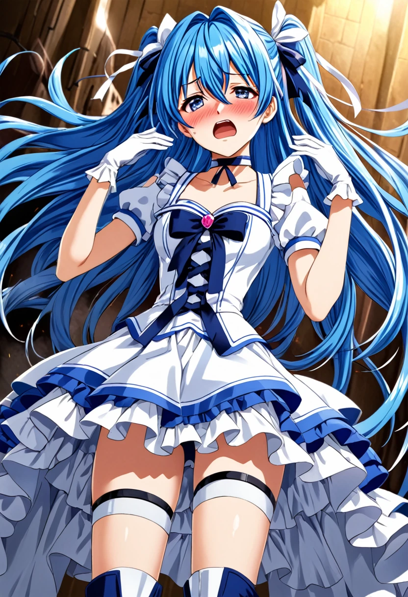 honoka,Cure White, choker,Thigh belt,Chest ribbon, Detailed hairstyle and outfit, Long, flowing blue hair, White and blue ruffled dress, White gloves and boots, Hold your ears with both hands, Blushing, In pain, suffer from the enemy's sonic attacks, Dynamic and powerful scenes with eyes closed, Background with sound waves,masterpiece, Highest quality,, Highly detailed background, Perfect lighting, (beautiful, Highest quality:1.1), masterpiece, Perfect Eyes, (beautiful), (erotic:1.2)