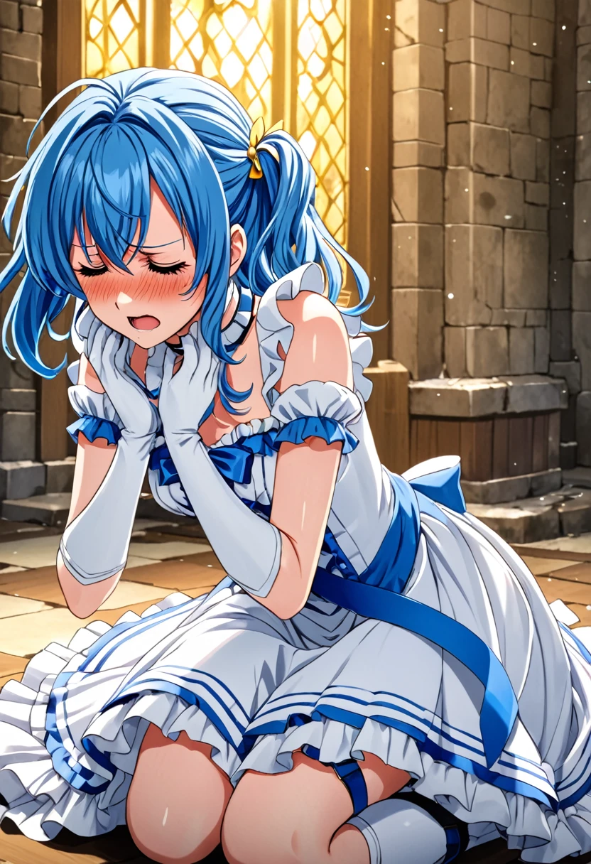 honoka,Cure White, choker,Thigh belt,Chest ribbon, Detailed hairstyle and outfit, Long, flowing blue hair, White and blue ruffled dress, White gloves and boots, Hold your ears with both hands, Blushing, In pain, suffer from the enemy's sonic attacks, Dynamic and powerful scenes with eyes closed, Background with sound waves,masterpiece, Highest quality,, Highly detailed background, Perfect lighting, (beautiful, Highest quality:1.1), masterpiece, Perfect Eyes, (beautiful), (erotic:1.2)