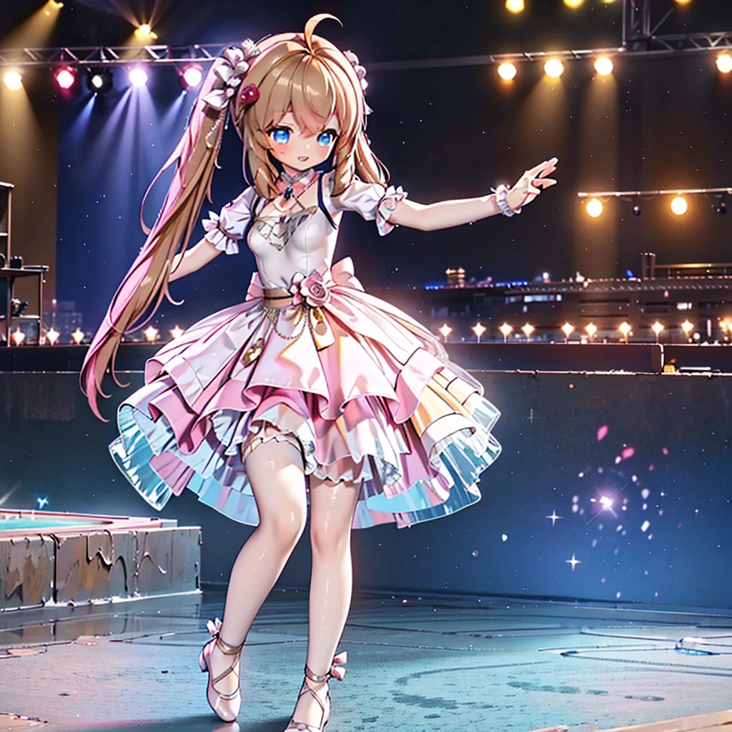 Solo, 1 girl, comical, kawaii, Blue eyes, light brown hair, long twintails, ((yellow princess dress 1.5)), open mouth smile, from back, mid shot, dance at the stage, neon and led lights, posing, sexy, high-resolution image, masterpiece, high quality, attractive eyes, full body, splash color