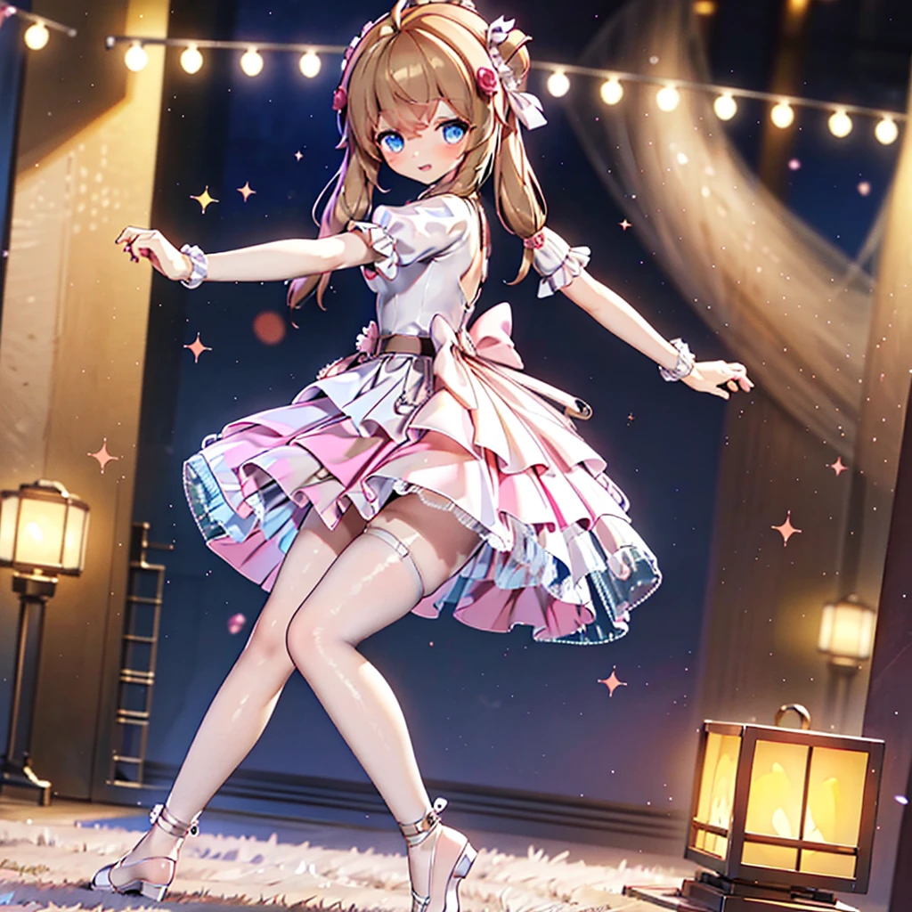Solo, 1 girl, comical, kawaii, Blue eyes, light brown hair, long twintails, ((yellow princess dress 1.5)), open mouth smile, from back, mid shot, dance at the stage, neon and led lights, posing, sexy, high-resolution image, masterpiece, high quality, attractive eyes, full body, splash color