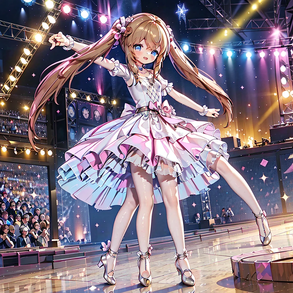 Solo, 1 girl, comical, kawaii, Blue eyes, light brown hair, long twintails, ((yellow princess dress 1.5)), open mouth smile, from back, mid shot, dance at the stage, neon and led lights, posing, sexy, high-resolution image, masterpiece, high quality, attractive eyes, full body, splash color