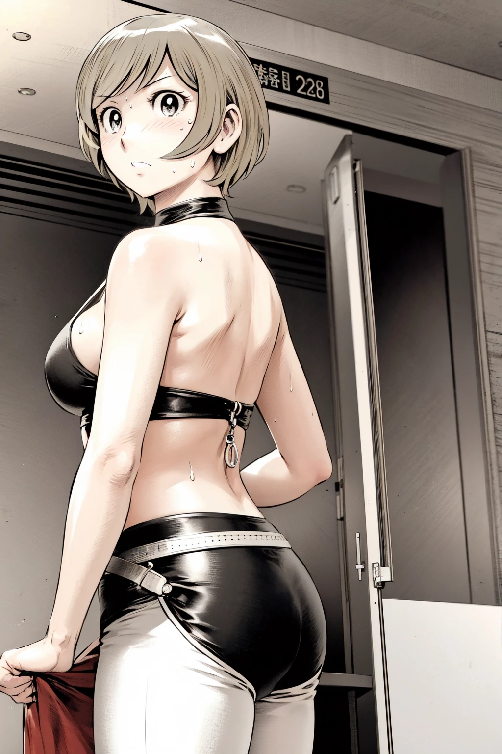 、(masterpiece、Highest quality)、Highest quality, Ultra-high resolution, (((masterpiece))), alone, Sweat、Big eyes,Tight black shirt、Tight white pants、belt、indoor、Composition from the front、（Cut the back hair short、short hair、blonde、woman）、Shortcuts、Embarrassed face、Cut your hair short、可愛いwomanの子、Big Breasts、office