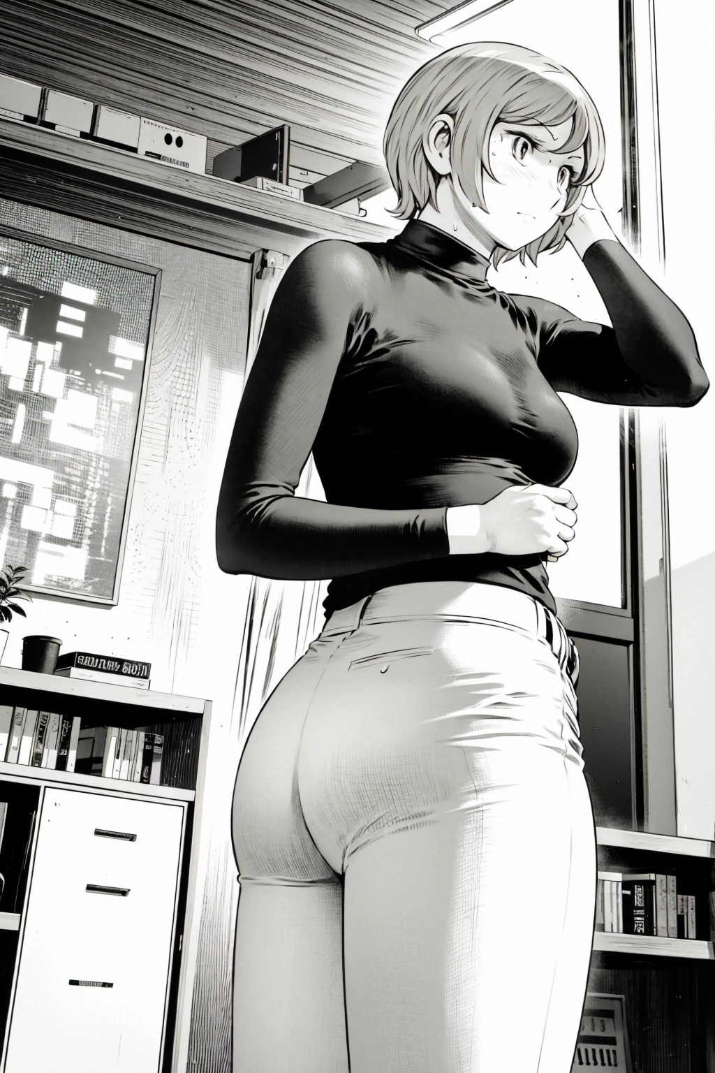 、(masterpiece、Highest quality)、Highest quality, Ultra-high resolution, (((masterpiece))), alone, Sweat、Big eyes,Tight black shirt、Tight white pants、belt、indoor、Composition from the front、(Cut the back hair short、short hair、blonde、woman)、Shortcuts、Embarrassed face、Cut your hair short、可愛いwomanの子、Big Breasts、office