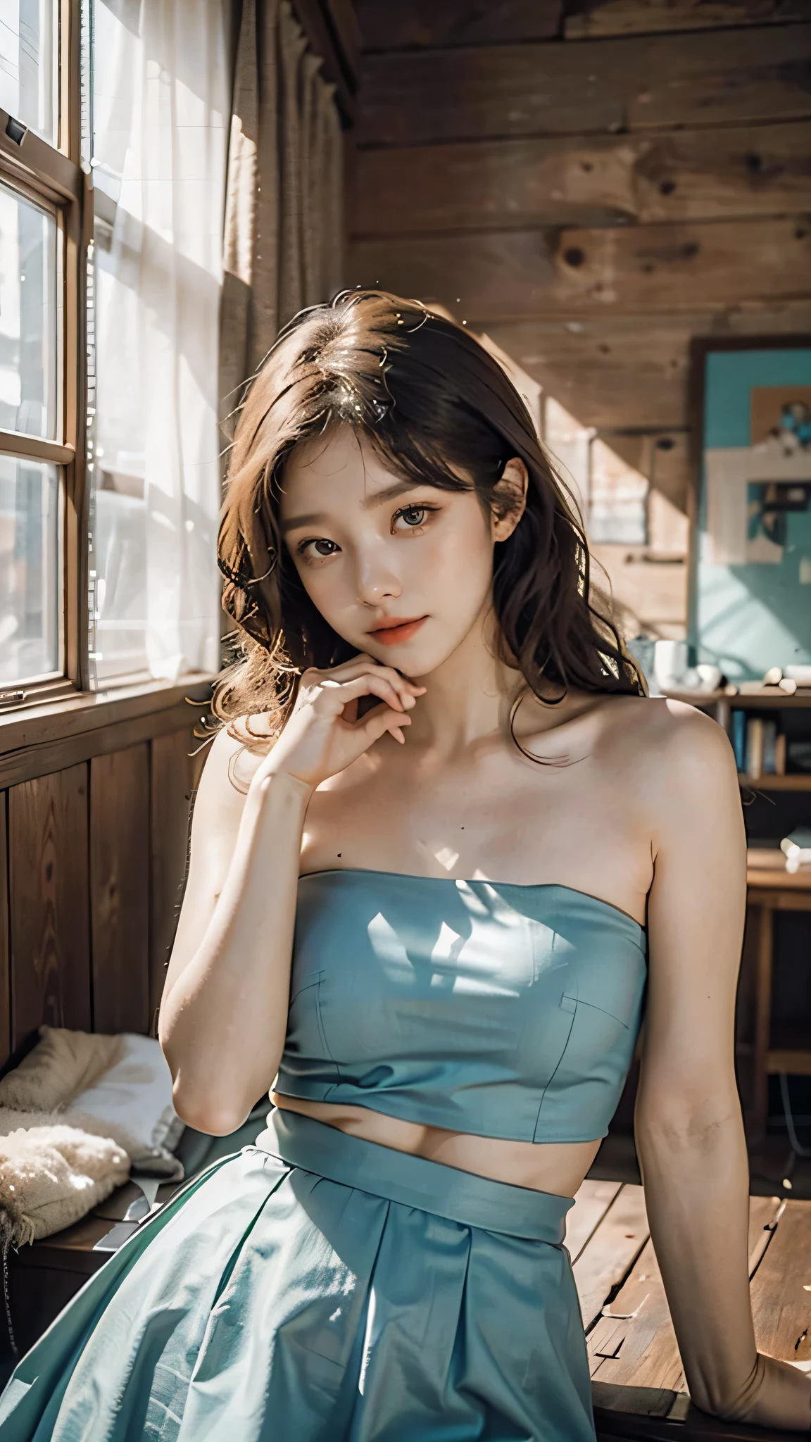 detailed background, masterpiece, best quality, 1 person , curly hair, long hair, purple eyes, star in eye , cyan Strapless blouse, long skirt, cute different poses, indoor wood furniture , upper body