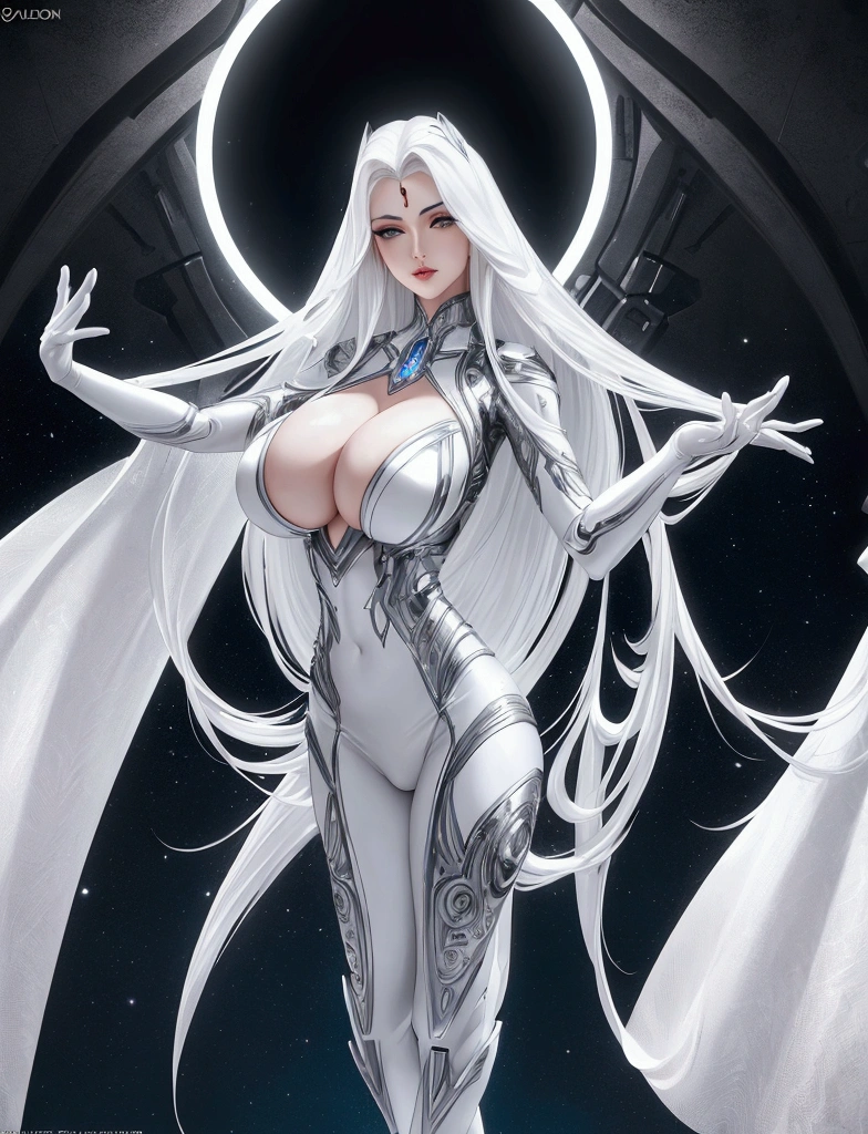 A beautiful busty woman with cleavage, sci-fi art deco style, full body view, detailed facial features, long hair, dynamic pose, dramatic lighting, vivid colors, photorealistic, 8k, best quality, highly detailed white gold black