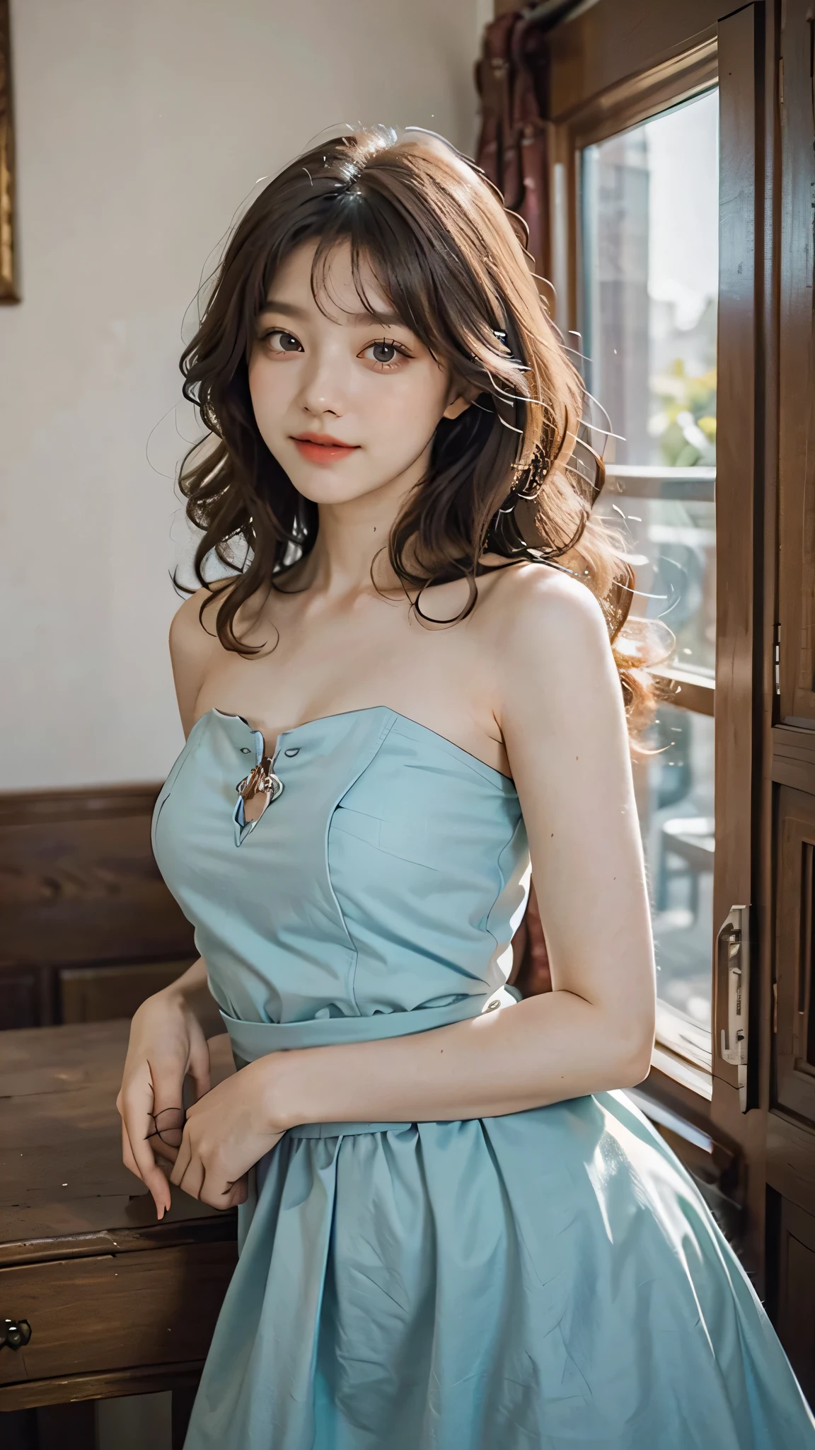 detailed background, masterpiece, best quality, 1 person , curly hair, long hair, purple eyes, star in eye , cyan Strapless blouse, long skirt, cute different poses, indoor wood furniture , upper body