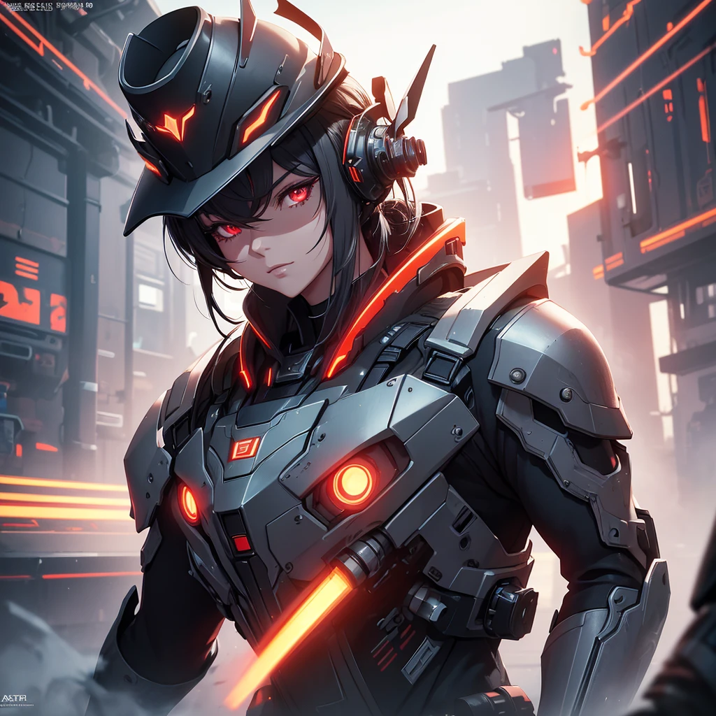 Character wearing futuristic cowboy hat, Mechanical right arm, Red Eyes, In the context of futurism, Dark grey hair, light, Theatrical atmosphere, (best quality,4K,8K,high resolution,masterpiece:1.2),Extremely detailed,(Practical,photoPractical,photo-Practical:1.37),Highly detailed face and features,Extremely detailed eyes and face,Long eyelashes,Intricate details,hyper Practical,Volumetric Lighting,Composition,情调light,Dramatic shadows,Vibrant colors,Neon lights,Future Cityscape,Advanced technology,Steampunk,Science fiction,The art of math