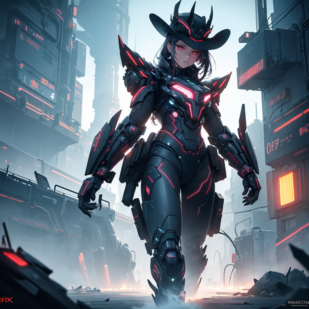 Character wearing futuristic cowboy hat, Mechanical right arm, Red Eyes, In the context of futurism, Dark grey hair, light, Theatrical atmosphere, (best quality,4K,8K,high resolution,masterpiece:1.2),Extremely detailed,(Practical,photoPractical,photo-Practical:1.37),Highly detailed face and features,Extremely detailed eyes and face,Long eyelashes,Intricate details,hyper Practical,Volumetric Lighting,Composition,情调light,Dramatic shadows,Vibrant colors,Neon lights,Future Cityscape,Advanced technology,Steampunk,Science fiction,The art of math