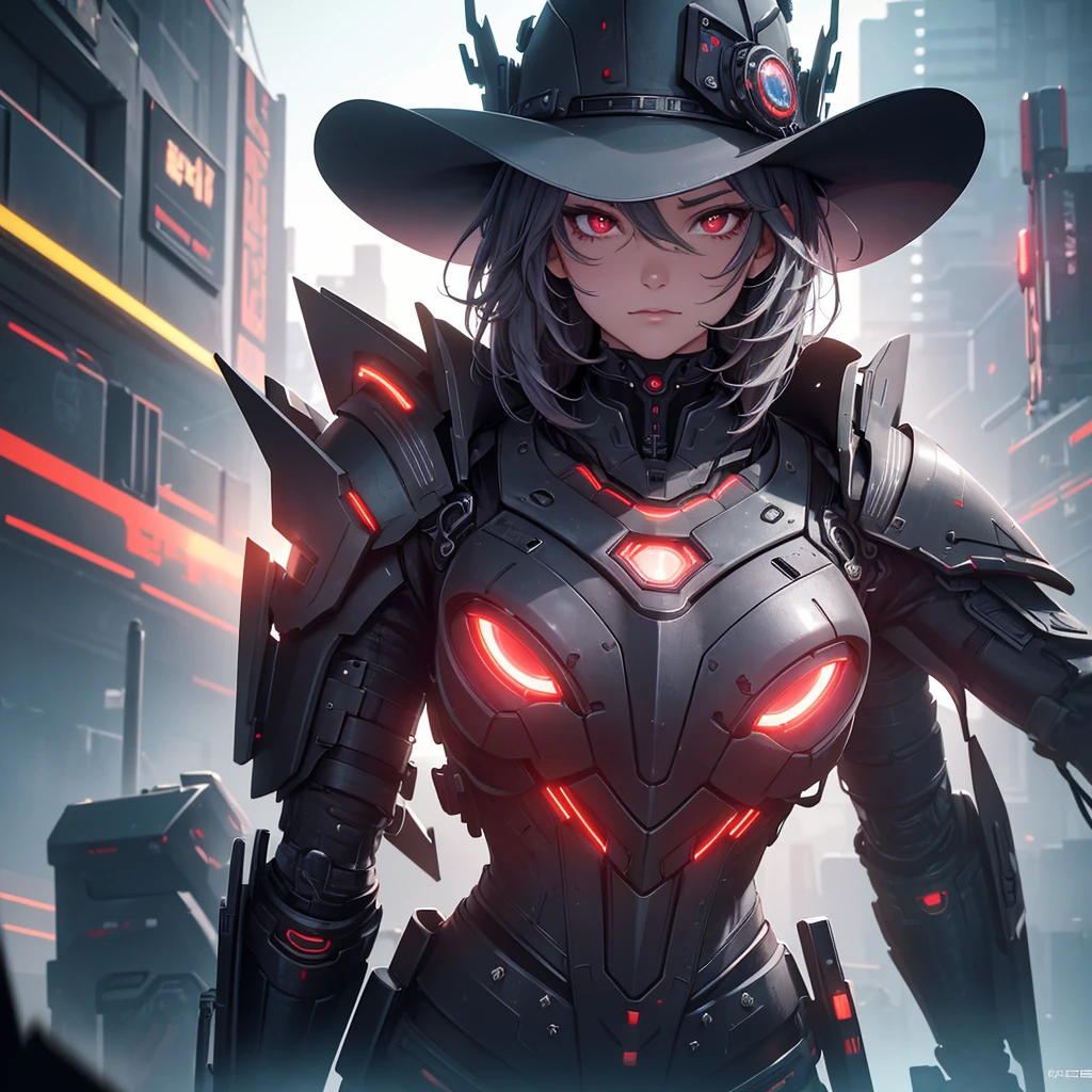 Character wearing futuristic cowboy hat, Mechanical right arm, Red Eyes, In the context of futurism, Dark grey hair, light, Theatrical atmosphere, (best quality,4K,8K,high resolution,masterpiece:1.2),Extremely detailed,(Practical,photoPractical,photo-Practical:1.37),Highly detailed face and features,Extremely detailed eyes and face,Long eyelashes,Intricate details,hyper Practical,Volumetric Lighting,Composition,情调light,Dramatic shadows,Vibrant colors,Neon lights,Future Cityscape,Advanced technology,Steampunk,Science fiction,The art of math