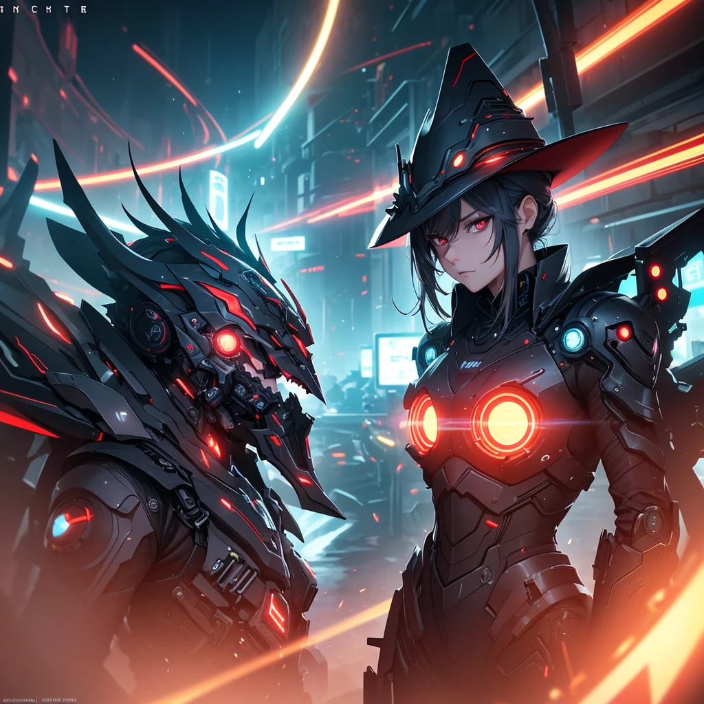 Character wearing futuristic cowboy hat, Mechanical right arm, Red Eyes, In the context of futurism, Dark grey hair, light, Theatrical atmosphere, (best quality,4K,8K,high resolution,masterpiece:1.2),Extremely detailed,(Practical,photoPractical,photo-Practical:1.37),Highly detailed face and features,Extremely detailed eyes and face,Long eyelashes,Intricate details,hyper Practical,Volumetric Lighting,Composition,情调light,Dramatic shadows,Vibrant colors,Neon lights,Future Cityscape,Advanced technology,Steampunk,Science fiction,The art of math