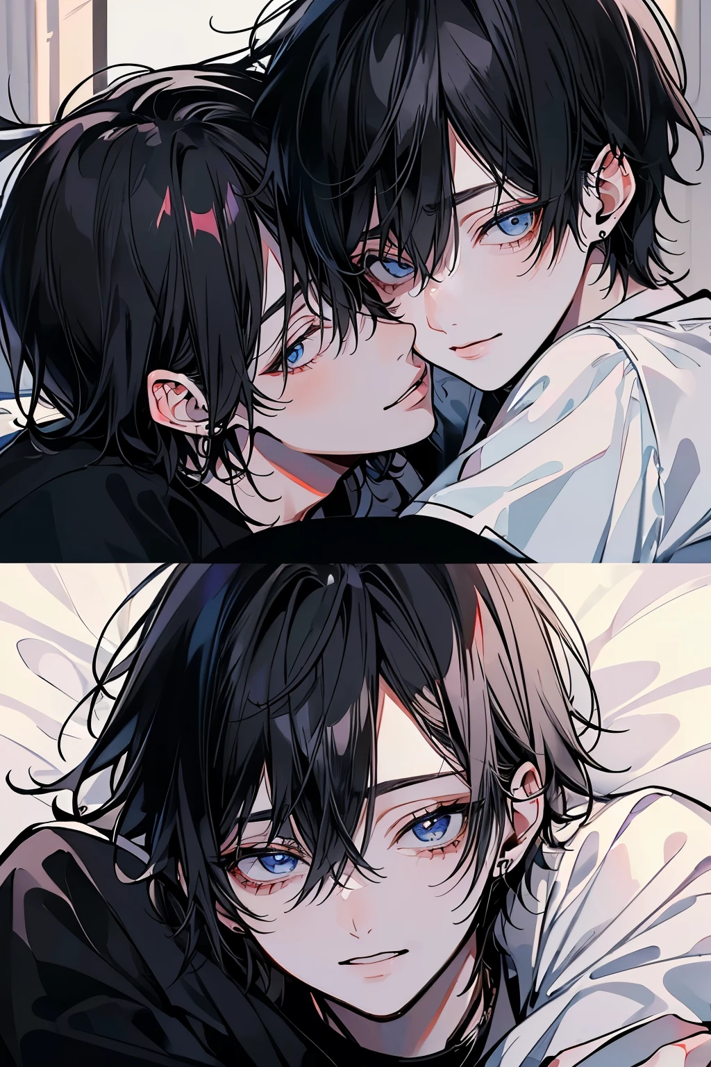 (Mastepiece), (Best Quality), Very detailed, ((Two men kissing on the cheek)), Perfect Face, (Happy Face:1.3)、Beautiful Face, Very detailed顔,(One black-haired man:1.3),(One white-haired man:1.3),T-Shirts、smile、bed