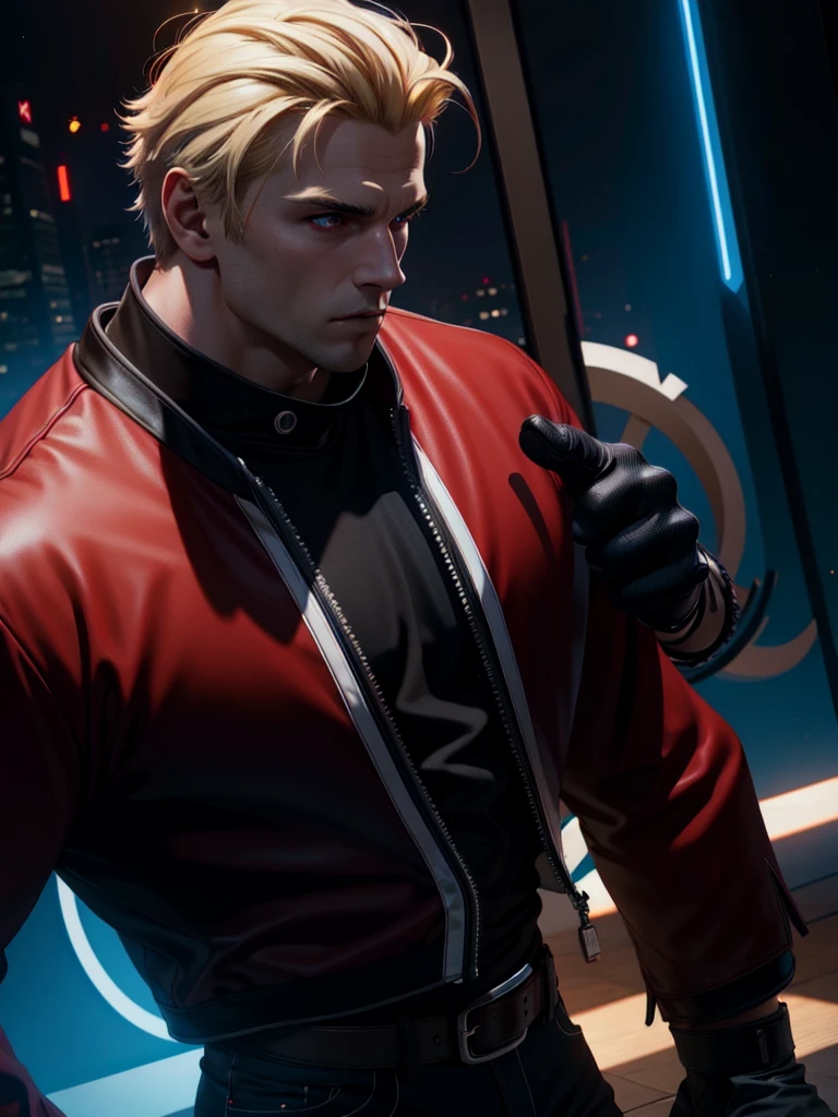 25 year old man, alone, alone, athletic, muscular, blonde hair, red jacket, black t-shirt, black belt and black pants, black fingerless exercise gloves, annoyed look, profile position, expelling a big blue power, cinematic, ultra sharp focus, award winning photography, perfect contrast, high sharpness, depth of field, ultra detailed photography, global illumination, fluid, ultra high definition, 8k, Unreal Engine 5, ultra sharp focus, award winning photography, art station trends
