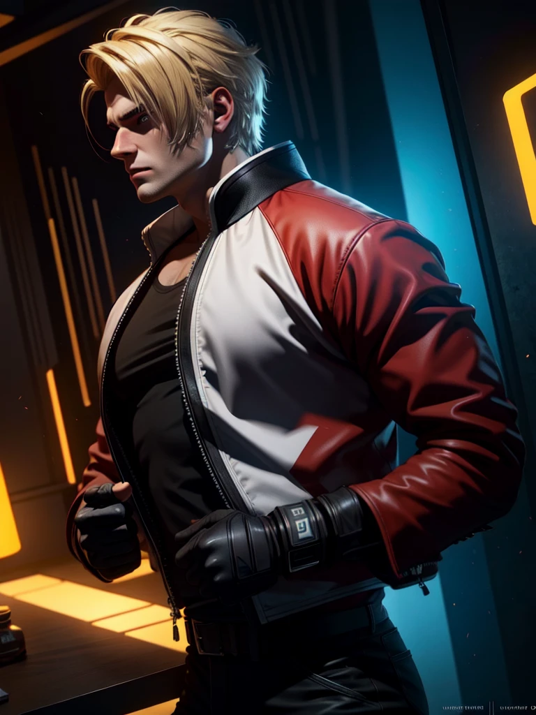 25 year old man, alone, alone, athletic, muscular, blonde hair, red jacket, black t-shirt, black belt and black pants, black fingerless exercise gloves, annoyed look, profile position, expelling a big blue power, cinematic, ultra sharp focus, award winning photography, perfect contrast, high sharpness, depth of field, ultra detailed photography, global illumination, fluid, ultra high definition, 8k, Unreal Engine 5, ultra sharp focus, award winning photography, art station trends