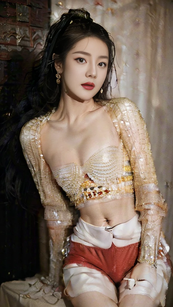 (1girl:1.3, solo), (a extremely pretty and beautiful Japanese woman), (sexy girl), (professional attire:1.3), (22 years old: 1.1), (from below:1.3), (low angle:1.3), (ground level shot:1.3), (girl on top:1.3), (arms behind back between legs:1.3), (attractive random posing:1.3), (in the queenroom:1.3), (starring at you:1.3), break, (bobble ponytail:1.3), (shiny-black thin hair:1.2), bangs, dark brown eyes, beautiful eyes, princess eyes, big eyes:1.3, bangs, Hair between eyes, short hair:1.3, curby, abs, perfect abs, (medium-large-breasts:1.5, sagging breasts:1.5, disproportionate breasts:1.5), (thin waist: 1.15, abs:0.95), (detailed beautiful girl: 1.4), Parted lips, Red lips, full-make-up face, (shiny skin), ((Perfect Female Body)), (Upper Body Image:1.3), Perfect Anatomy, Perfect Proportions, (most beautiful Korean actress face:1.3, extremely cute and beautiful Japanese actress face:1.3), BREAK, (bare shoulder, Chest squeezed together, View viewer, (insanely detailed red-pvc-bikini:1.3), (shorts:1.3), detailed clothes, BREAK, (detailed classy queenroom background:1.2), (dark background), (Studio soft lighting: 1.3), (fake lights: 1.3), (backlight: 1.3), BREAK, (Realistic, Photorealistic: 1.37), (Masterpiece, Best Quality: 1.2), (Ultra High Resolution: 1.2), (RAW Photo: 1.2), (Sharp Focus: 1.3), (Face Focus: 1.2), (Ultra Detailed CG Unified 8k Wallpaper: 1.2), (Beautiful Skin: 1.2), (pale Skin: 1.3), (Hyper Sharp Focus: 1.5), (Ultra Sharp Focus: 1.5), (Beautiful pretty face: 1.3), (super detailed background, detail background: 1.3), Ultra Realistic Photo, Hyper Sharp Image, Hyper Detail Image,