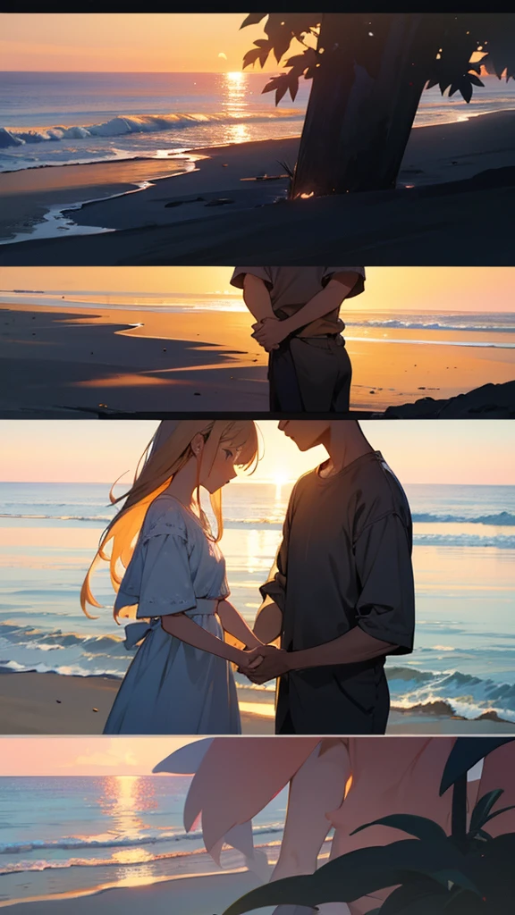 Create an illustration of a couple holding hands. The couple should be standing side by side, their fingers intertwined in a gentle and affectionate manner. The setting is a serene, picturesque location, such as a beach at sunset or a blooming garden. The mood should be romantic and peaceful, capturing the warmth and love between the two individuals. Pay attention to the small details, like the expressions on their faces and the natural surroundings, to convey a deep connection and intimacy