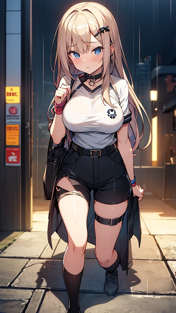 Full body image, front, One girl, 18-year-old, Mix 4, (32K, RAW Photos, Highest quality, masterpiece:1.2), (Anime-like, photoAnime-like:1.37), cute, Short sleeve T-shirt,Shorts,Black knee socks, night, rain, Humidity, Professional Lighting, Photon Mapping, Radio City, Physically Based Rendering, Super Resolution, (Big Breasts:1.2), {{The biological weapon that had preyed on the younger sister took her place and reunited with the older brother, The rebellious little sister has become the obedient little sister}}, Girl Skull, whole body, NSFW
