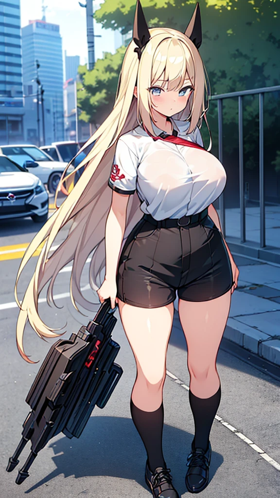 Full body image, front, One girl, 18-year-old, Mix 4, (32K, RAW Photos, Highest quality, masterpiece:1.2), (Anime-like, photoAnime-like:1.37), cute, Short sleeve T-shirt,Shorts,Black knee socks, night, rain, Humidity, Professional Lighting, Photon Mapping, Radio City, Physically Based Rendering, Super Resolution, (Big Breasts:1.2), {{The biological weapon that had preyed on the younger sister took her place and reunited with the older brother, The rebellious little sister has become the obedient little sister}}, Girl Skull, whole body, NSFW