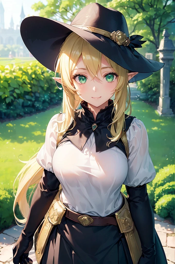 (((masterpiece; best quality: 1.2))), (finely detailed eyes: 1.3), (25 year old elf woman), (solo), (green eyes: 1.4), (body; big breasts, fit, femenine: 1.3), (silky blonde hair in low ponytail: 1.3), (beautiful and clear background: 1.2), ((depth of field)), (equipment: adventurer garb + modest + elegant wide-brimmed hat + dark blouse + dark cape + black long skirt + gloves + belt + pouches: 1.3), (anime illustration: 1.2), (background composition; royal garden: 1.1), (extremely fine and beautiful: 1.1), (shot composition; standing + centered on torso + close-up: 1.5), (expression; calm, smile: 1.2)