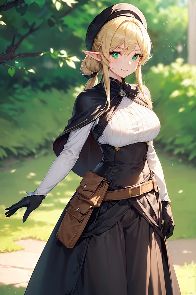 (((masterpiece; best quality: 1.2))), (finely detailed eyes: 1.3), (25 year old elf woman), (solo), (green eyes: 1.4), (body; big breasts, fit, femenine: 1.3), (silky blonde hair in low ponytail: 1.3), (beautiful and clear background: 1.2), ((depth of field)), (equipment: adventurer garb + modest + elegant wide-brimmed hat + dark blouse + dark cape + black long skirt + gloves + belt + pouches: 1.3), (anime illustration: 1.2), (background composition; royal garden: 1.1), (extremely fine and beautiful: 1.1), (shot composition; standing + centered on torso + close-up: 1.5), (expression; calm, smile: 1.2)