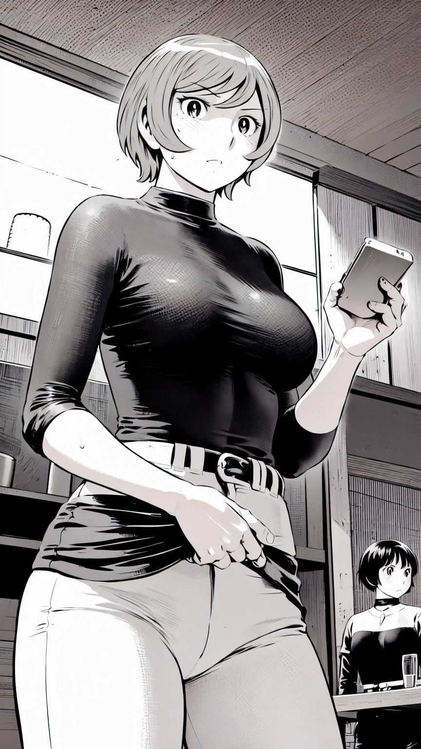 、(masterpiece、Highest quality)、Highest quality, Ultra-high resolution, (((masterpiece))), alone, Sweat、Big eyes,Tight black shirt、Tight white pants、belt、indoor、Composition from the front、(Cut the back hair short、short hair、blonde、woman)、Shortcuts、Embarrassed face、Cut your hair short、可愛いwomanの子、Big Breasts、Inside the room、Full Color、Baseball uniform