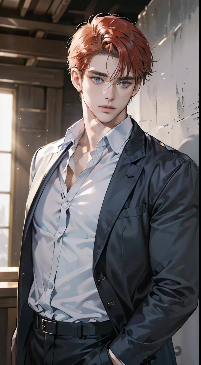 (best quality, masterpiece, 8K, photorealistic, cinematic lighting, 1:4 hdr image, ultra detailed, beautiful image), a mature man, 34 years very handsome, ((cold expression)), short red hair, blue eyes, face perfect without mistakes, ((buttoning his jacket, CEO))