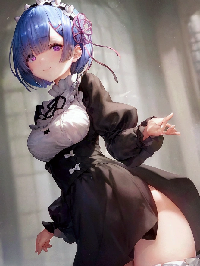 Re:Zero、Rem、Round hairstyle、short hair、Gentle smile、Ultra-precision、Her right eye is hidden by her bangs、