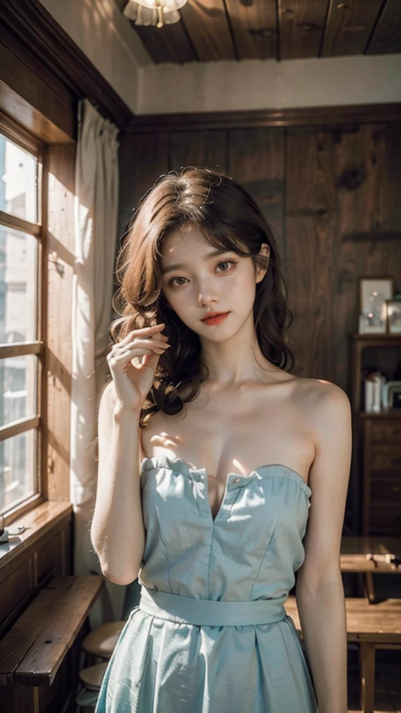 detailed background, masterpiece, best quality, 1 person , curly hair, long hair, purple eyes, star in eye , cyan Strapless blouse, long skirt, cute different poses, indoor wood furniture ,light wood color,, upper body