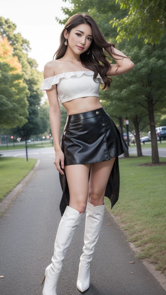 （Brown layered wavy hair）,Heavy makeup、(18 year old,two females,Japanese):1.2、8K, Seductive smile,tall：1.4、a small face、Nikon Z 85mm, ((Best Quality)) ,((masterpiece)), intricate detailes, Professional, Realistic, Photorealistic、 ((Strapless,Baretop midriff,Sexy mini skirt))：1.2、（Walking in the park）:1.2, large earring、（White Stretch knee boots with high stiletto heels、Pointed toe）：1.2、Full body shot