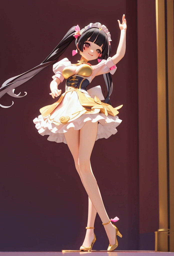 masterpiece, best quality, ultra detailed, a girl, show off breasts,breasts out,concert hall, maid, delightful, smiling, dancing, looking up, twintail, blunt bangs, flipped hair, black hair, at night, UwU, chibi, 3D render, full body shot, front view, from below, golden ratio, underlighting, in focus with blurred background, Vivid_Pink
