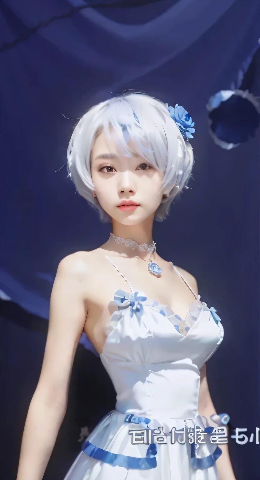 A korean woman with short hair, silver hair, beauty, short dress, white dress with blue ornament, blue flower in her head, blue necklace