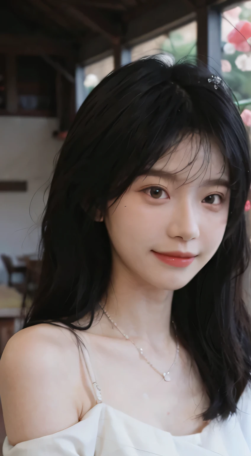 Best quality， Ultra-high resolution， （Realistically：1.4），Cute hairpin，Baoyu girl，Standing in the wedding hall，（The flattest：1.2） ，A pair of clear and moving peach blossom eyes,Royal sisters，Sunshine on the face，Big wavy hairstyle，（Necklace：1.2），（White skin：1.4），Sense of atmosphere，A beautiful girl， Smile，Look directly at the audience， Close-up cleavage ，(Reality:1.4),1 Girl,Sexy,(Upper Body:1.4),(Wet),(:1.2)