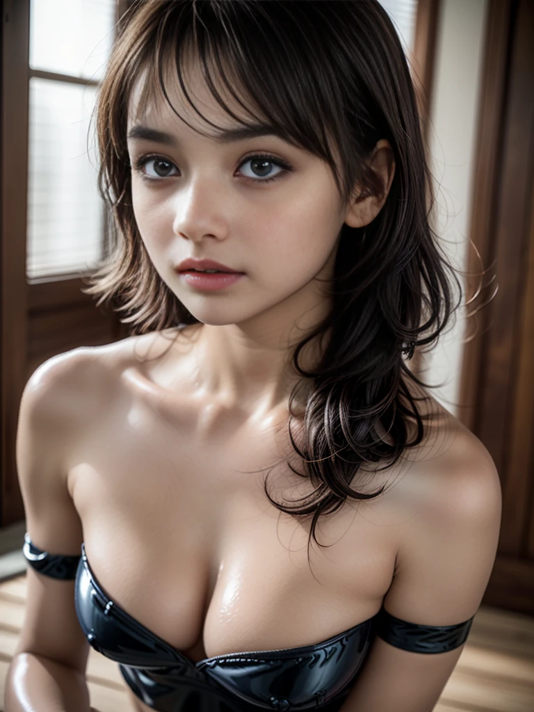 (16K, Surreal, masterpiece:1.30), Professional photography, Written boundary depth, Deep Shadows、Cinema Lighting, Soft Light, (Ultra-detailed beautiful faces:1.6), ((Ultra-detailed beautiful slim body:1.4)), ((Ultra detailed symmetrical brown eyes, Eyelashes, double eyelid, Ultra detailed beautiful eyes:1.4)), ((Ultra-detailed beautiful lips, Lip gloss, Ultra-detailed, beautiful porcelain skin:1.4)), ((Super detailed and beautiful hairstyle,, Asymmetrical bangs:1.4)), ((Perfect Anatomy:1.15)), Beautiful Japanese female idols, (Ultra-detailed, radiant oily skin:1.5), (View your viewers:1.3), ((Ultra-detailed beautiful breasts, Ecup cleavage:1.4)), small diamond earrings, small diamond necklace, (Deep V-neck), (Super detailed strap slip:1.3), ((Exposing shoulders:1.3)) ,See-through clothing, ((Skin-tight super tight outfit 1.3)), (Super Shine Latex:1.3), Sharp focus throughout