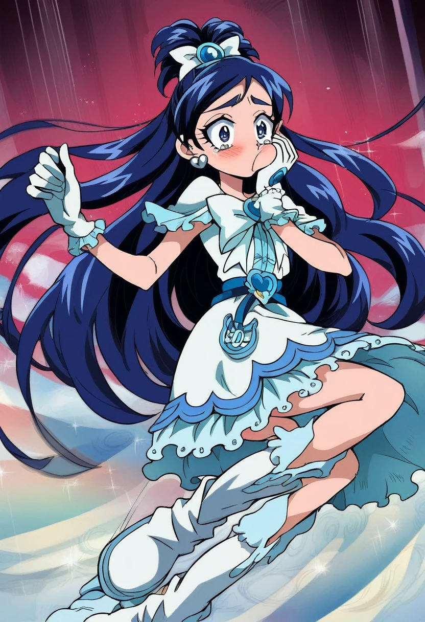 mini skirt,cure white, anime style, detailed hair and costume, long flowing blue hair, white and blue frilly dress, white gloves and boots, holding her ears with both hands, blushing cheeks, in pain, suffering from enemy's sonic attack, dynamic and intense scene, background with sound waves,masterpiece, Highest quality,, Highly detailed background, Perfect lighting, (beautiful, Highest quality:1.1), masterpiece, Perfect Eyes, (beautiful), (erotic:1.2)