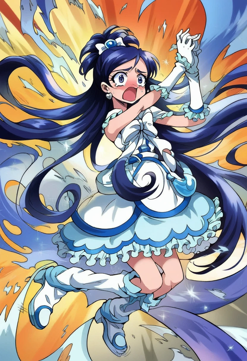 mini skirt,cure white, anime style, detailed hair and costume, long flowing blue hair, white and blue frilly dress, white gloves and boots, holding her ears with both hands, blushing cheeks, in pain, suffering from enemy's sonic attack, dynamic and intense scene, background with sound waves,masterpiece, Highest quality,, Highly detailed background, Perfect lighting, (beautiful, Highest quality:1.1), masterpiece, Perfect Eyes, (beautiful), (erotic:1.2) 