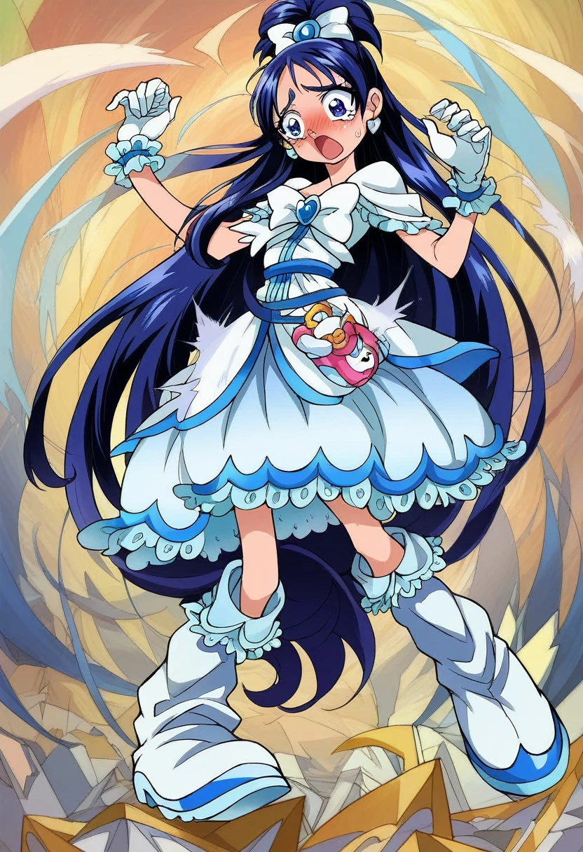 mini skirt,cure white, anime style, detailed hair and costume, long flowing blue hair, white and blue frilly dress, white gloves and boots, holding her ears with both hands, blushing cheeks, in pain, suffering from enemy's sonic attack, dynamic and intense scene, background with sound waves,masterpiece, Highest quality,, Highly detailed background, Perfect lighting, (beautiful, Highest quality:1.1), masterpiece, Perfect Eyes, (beautiful), (erotic:1.2)