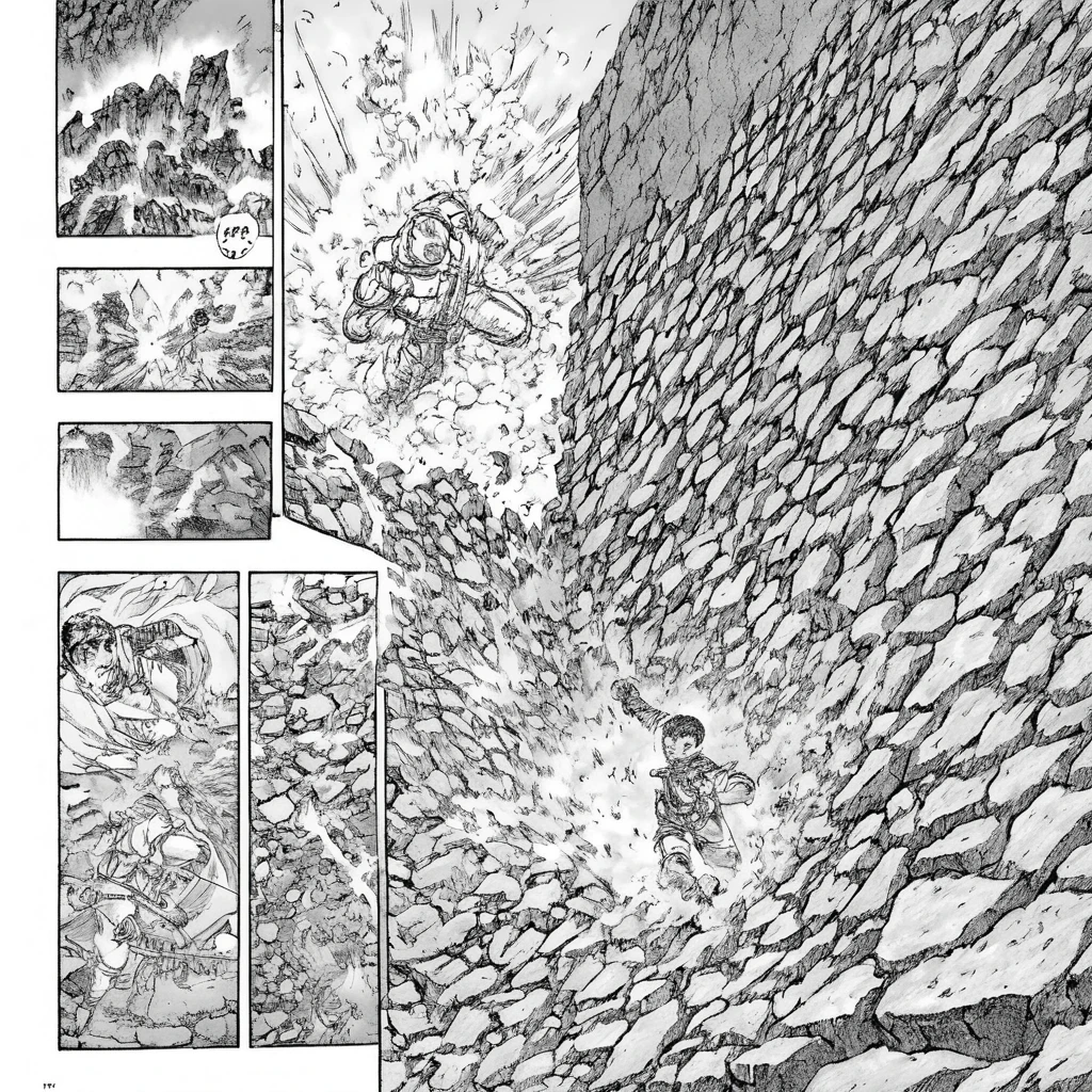 griffith_manga, an action panel depicting a giant bursting through a wall