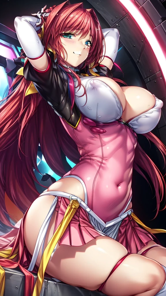 12k,Escalayer,long hair,hair_ornament,Red eyes,Pink Dress,White long gloves,thigh_boots, Embarrassing ,blush,,,White panties,,masterpiece,Noise Reduction,Perfect Anatomy,High resolution, Very detailed,Game CG,Dutch Angle ,Beautiful attention to detail,Visual Arts,Five Fingers, Perfect hands, Perfect lighting,,Red eyes,(銀hair:1.4),Wicked Smile,(Inside a futuristic base:1.1)，Huge Breasts