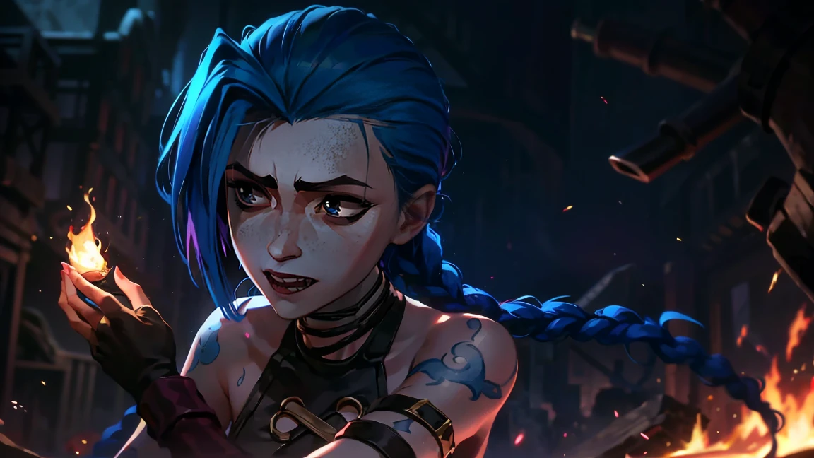 (masterpiece, Best quality), 1 girl, portrait very detailed face,, very sexy, crazy look, smile, crying, pink tears, tears on the cheeks, tears from eyes, full length (full body 1.1.), очень feminine, fighting stance, battle, fire, explosions, burning city, beautiful waist, gloomy composition, flame, fire, Flash, very beautiful, feminine, long hair, hair braided in long braids, very sexy, tight leather pants, emphasis on the eyes, emphasis on the face, Beautiful face, hands, hair, haired ponytail, red purple eyes, Джинкс crying, Blue cloud tattoo, (masterpiece, Best quality), Side lighting, beautiful detailed eyes, crazy face), (Best quality), (masterpiece), magic photography, Spectacular lighting, photorealism, ultra detailed, intimate portrait composition, 1. 4,8 K UHD, aesthetic, Cd., a high resolution, 8 K, Better lighting, Best shade, Ultra-HD, a high resolution, Sharp Focus, complex background, cinematic lighting, ((Landscape view)), 4K block, (Better lighting), ((cinematic lighting)),